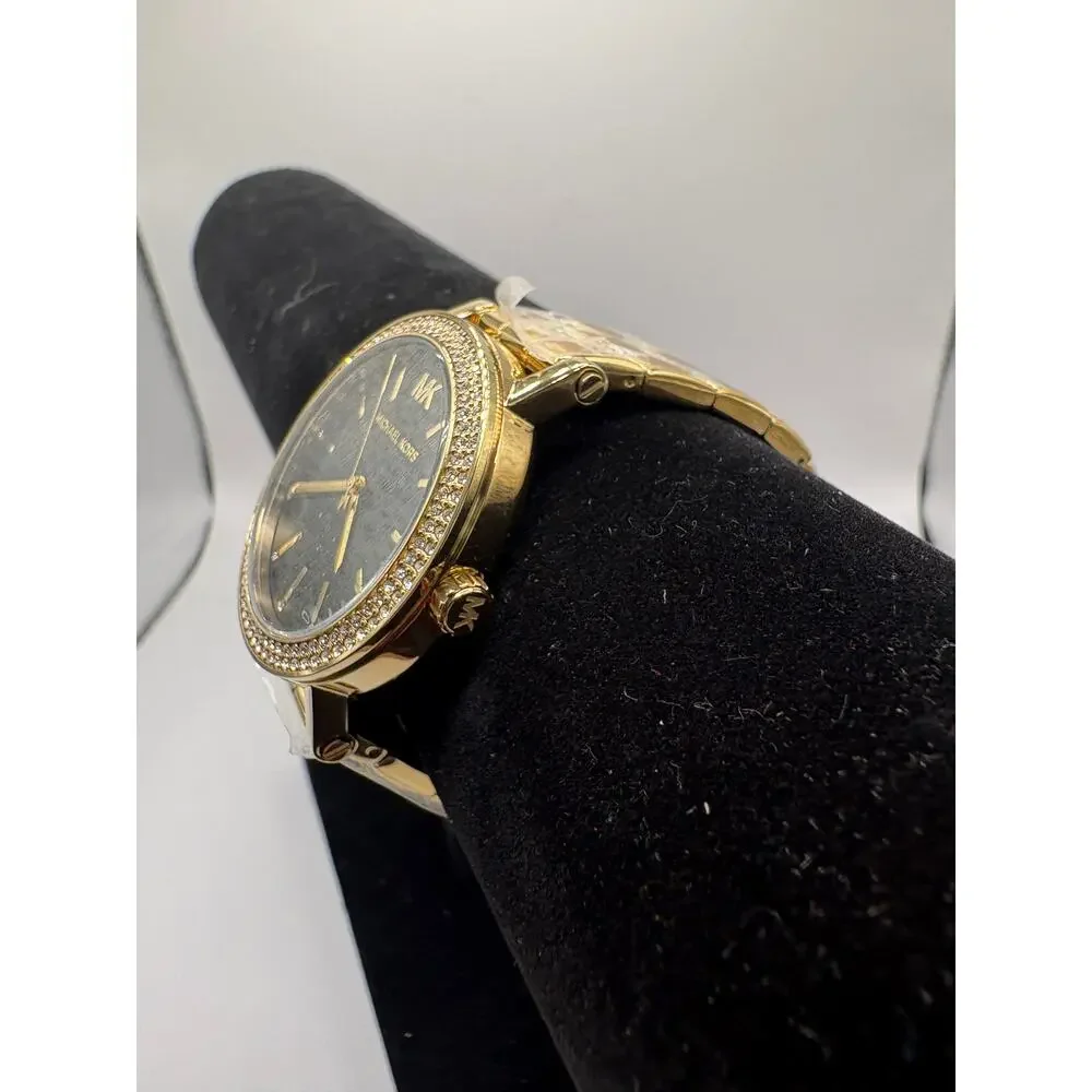 Michael Kors Mk7547 Watch Gold-Tone Black Pave Crystal Bezel Nwt Gold